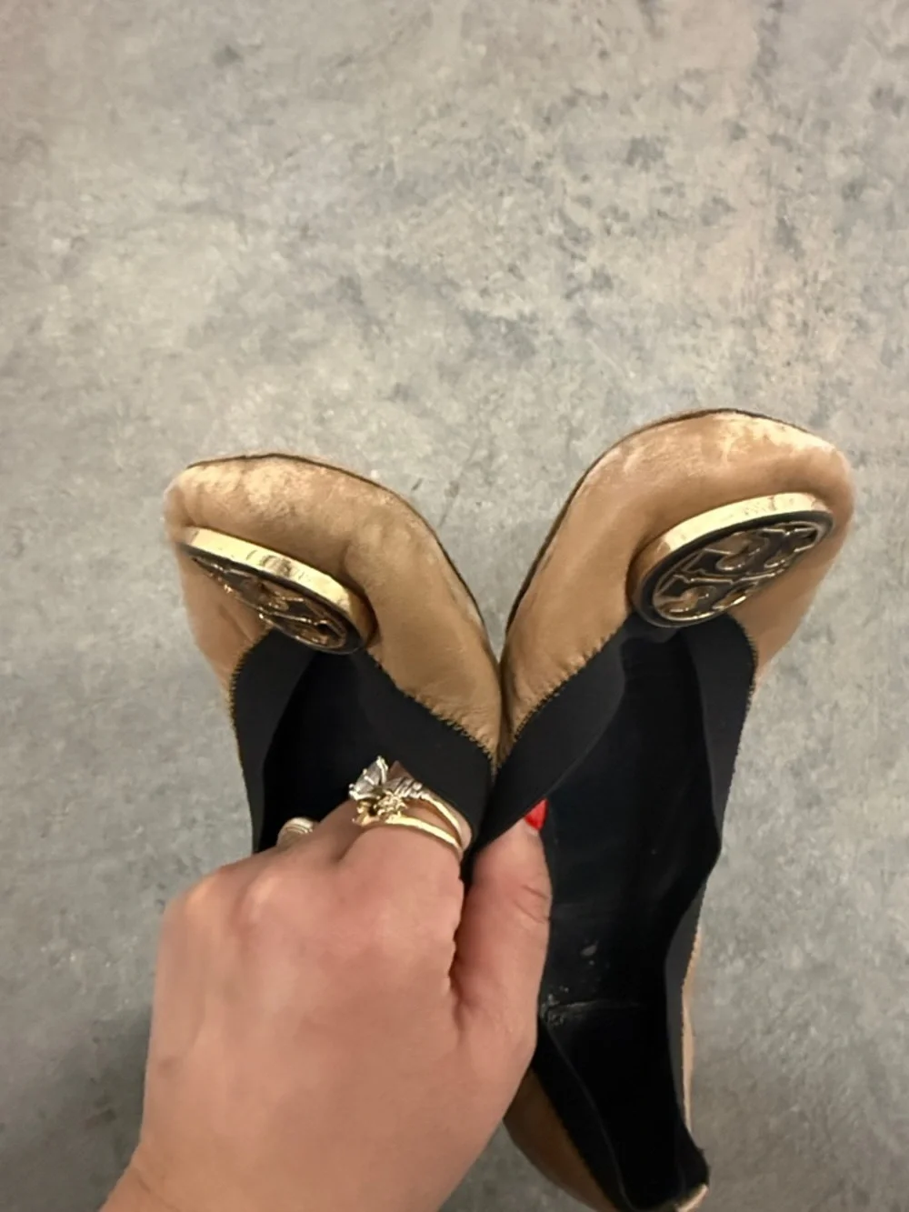 Tory Burch Camel Leather Logo Ballet Flats